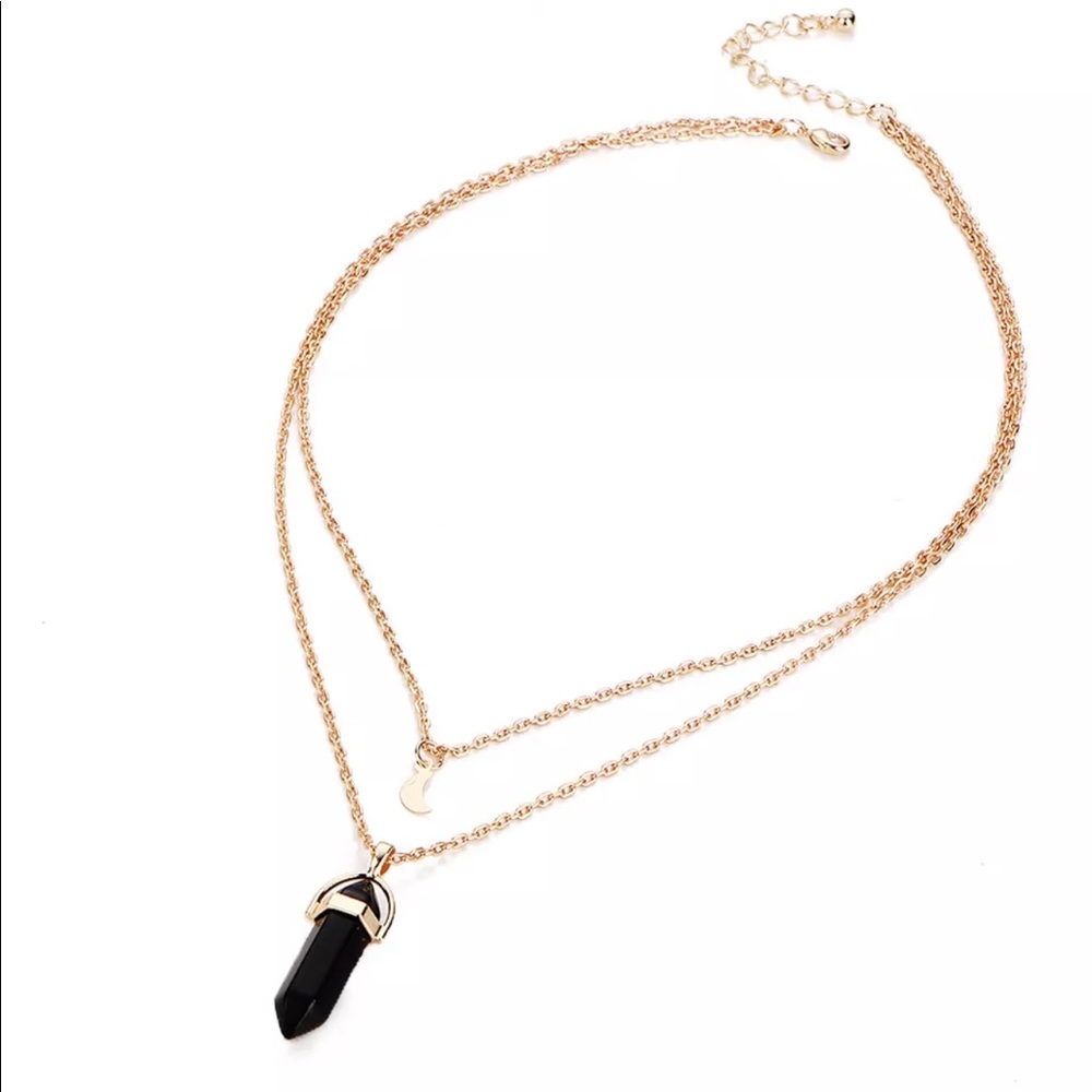 New! Double Chain Gold Metal Black Glitter Crystal
